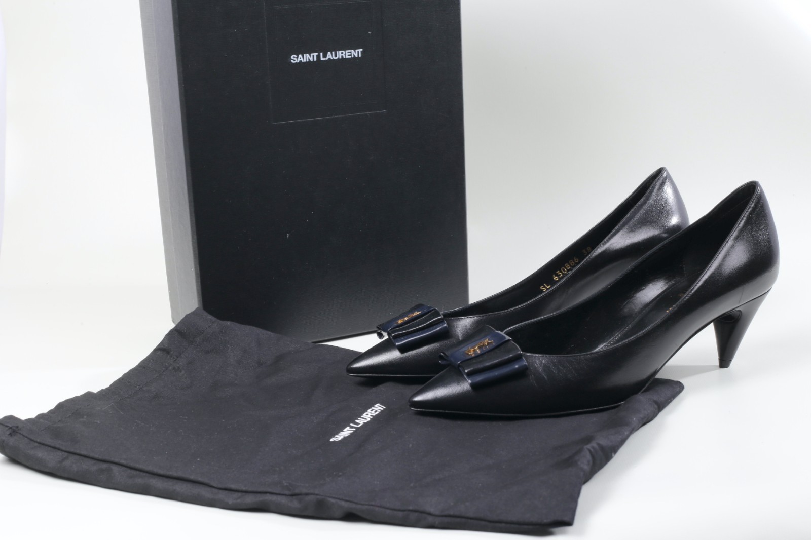 Saint Laurent Anais Logo Black Leather Bow Pumps Heels Designer EU Size 38 YSL