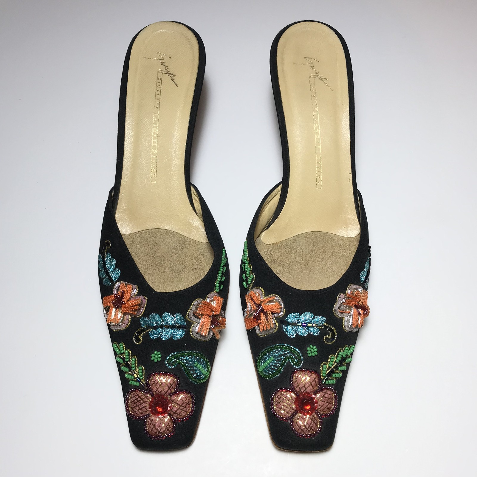 Giuseppe Zanotti Vintage Y2K Beaded Tropical Floral Luau Kitten Heel Mules 39