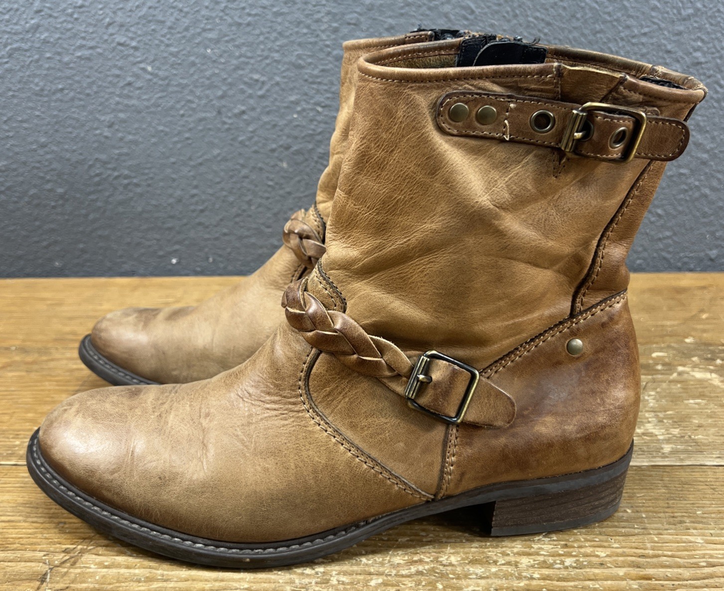 Paul Green Nathan Brown Moto Biker Braided Zip Up Boots Size 7.5 UK 5.5 Leather
