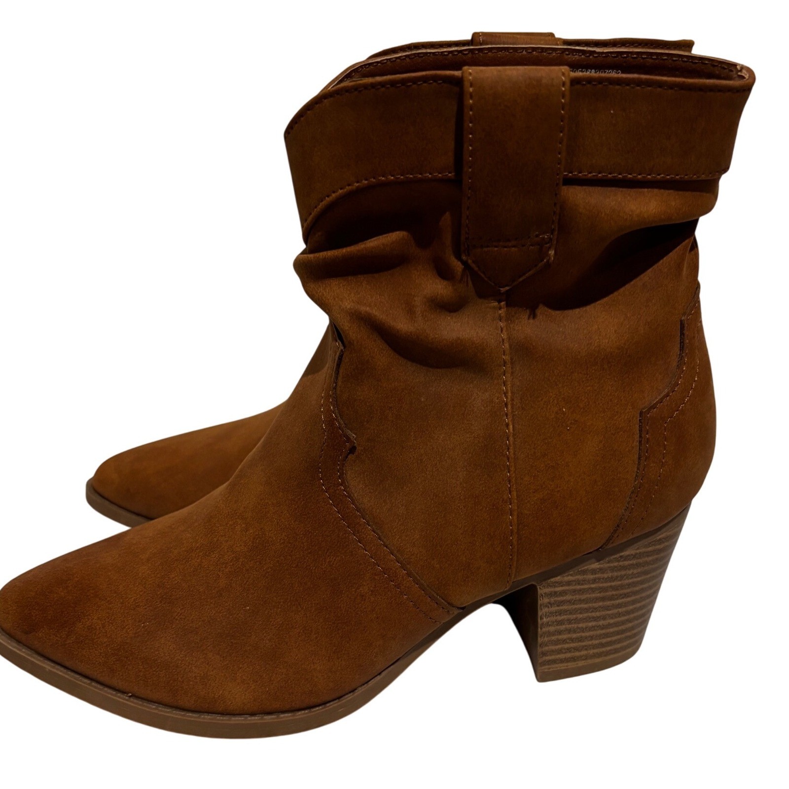 Womens Brown Faux Suede Ankle slouch Boots Western Style Block Heel Size 7 work