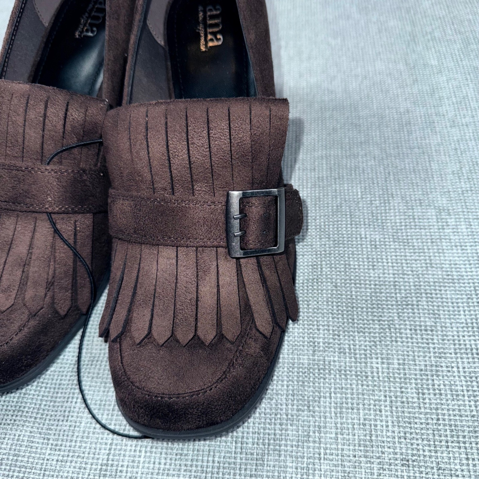 ANA A New Approach Brown Faux Suede Kiltie Fringe Block Heel Loafers Womens 9.5