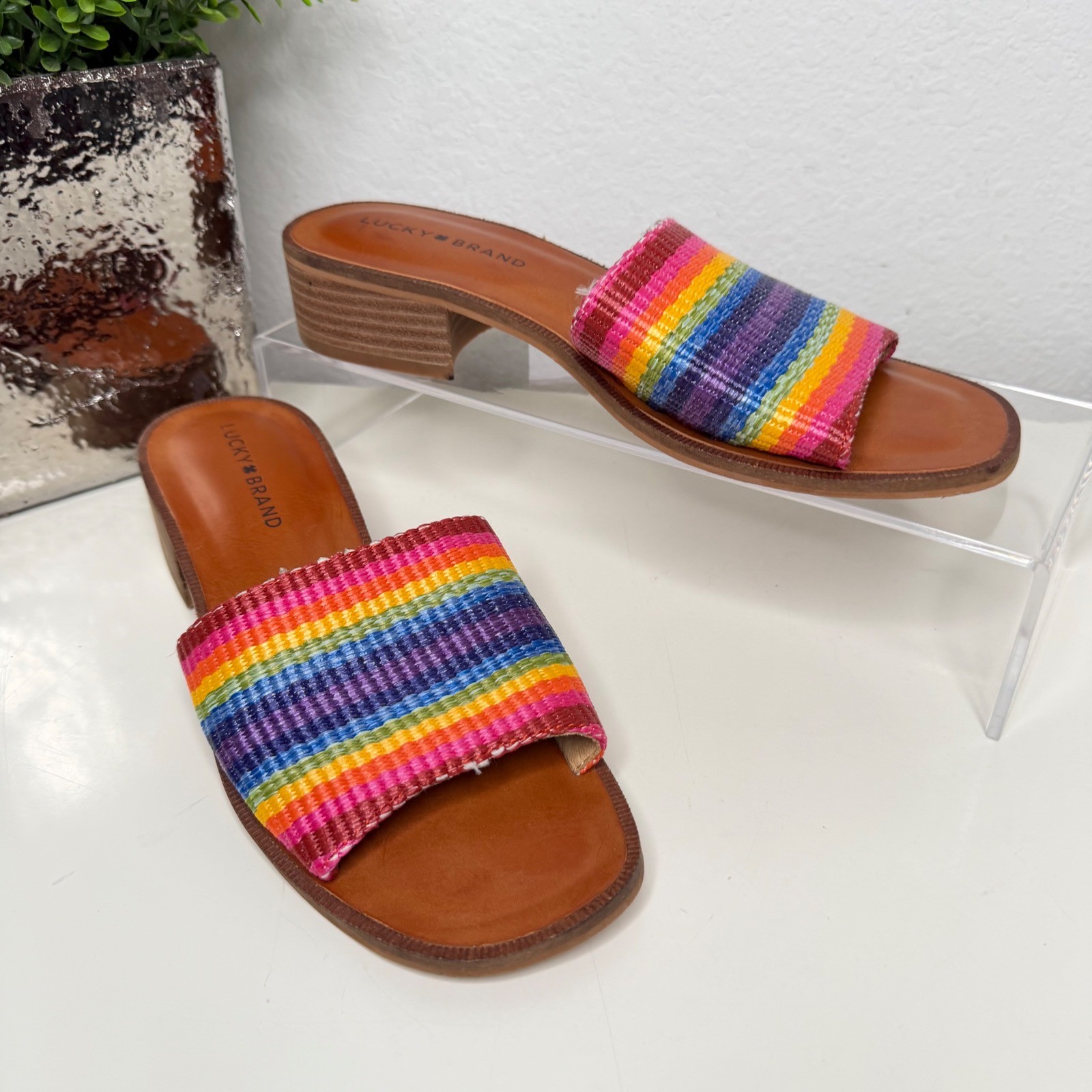 Lucky Brand Frijana Slide Sandals Multi Rainbow Woven Boho Block Heel 8.5M