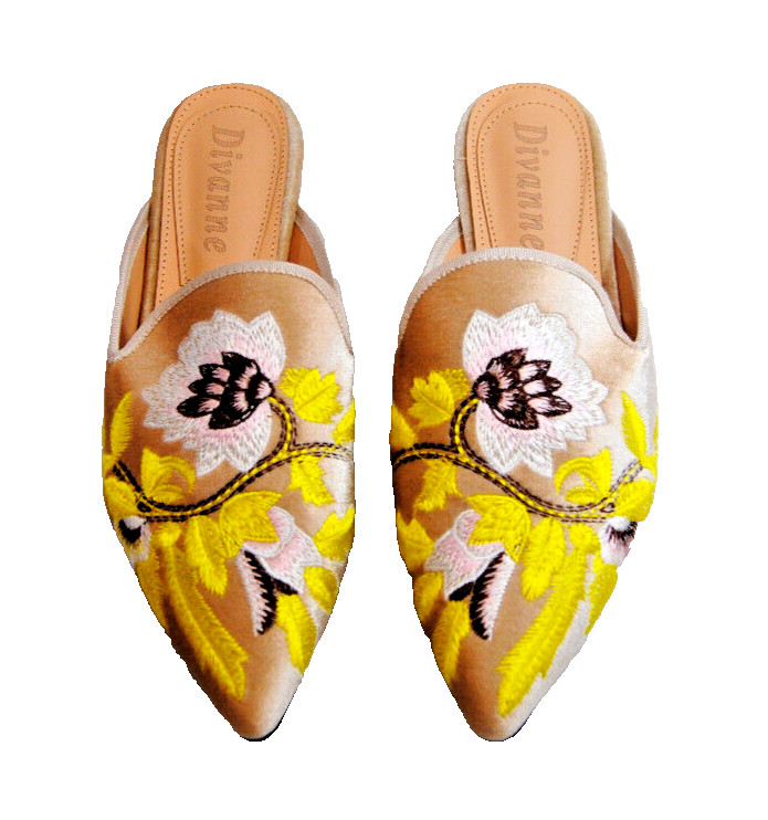 Divanne Womens Embroidery Velvet Loafer Mule Slip-On Pointed-Toe Shoes New T2361
