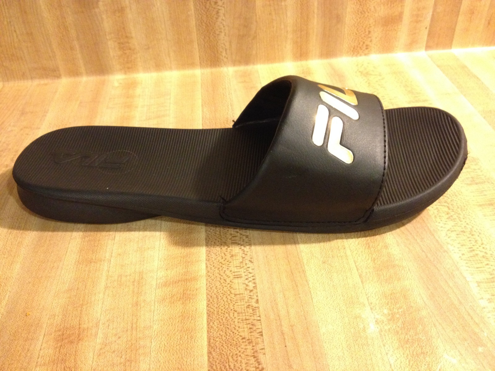 Fila Womens 10M Drifter Sleek ST Black Gold Slide Slip On Shower Sandals