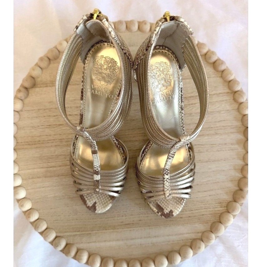 Vince Camuto Champagne Metallic Open Toe Stiletto 7B Embossed Leather 4″ Heels