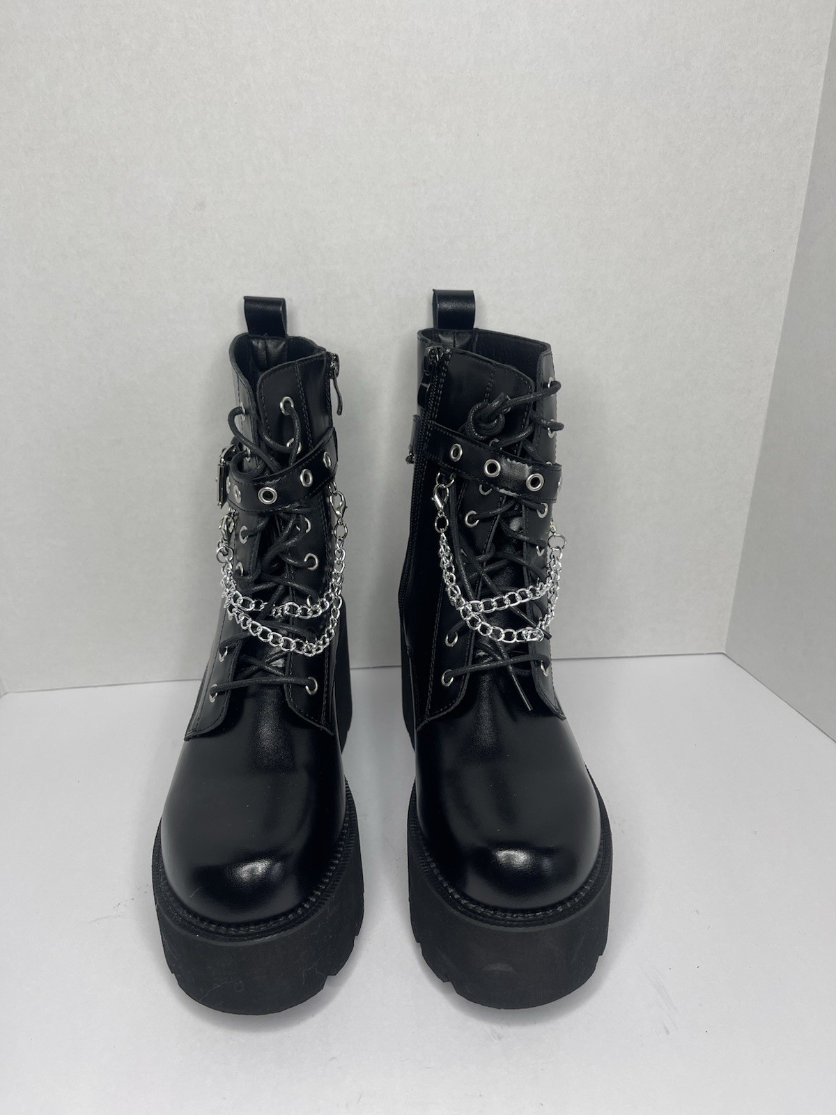 Women’s Platform Goth Punk Mid‑Calf Boots –Black – Chunky Heel, Studded| Size 40