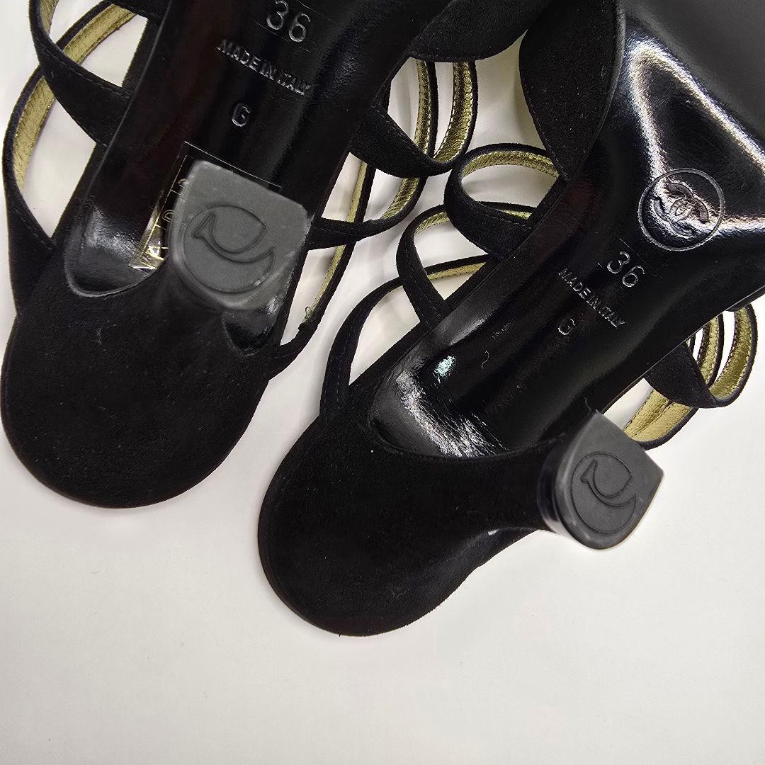 CHANEL Suede Mules Size 36 Black Gold Accents with Box and Dust Bags