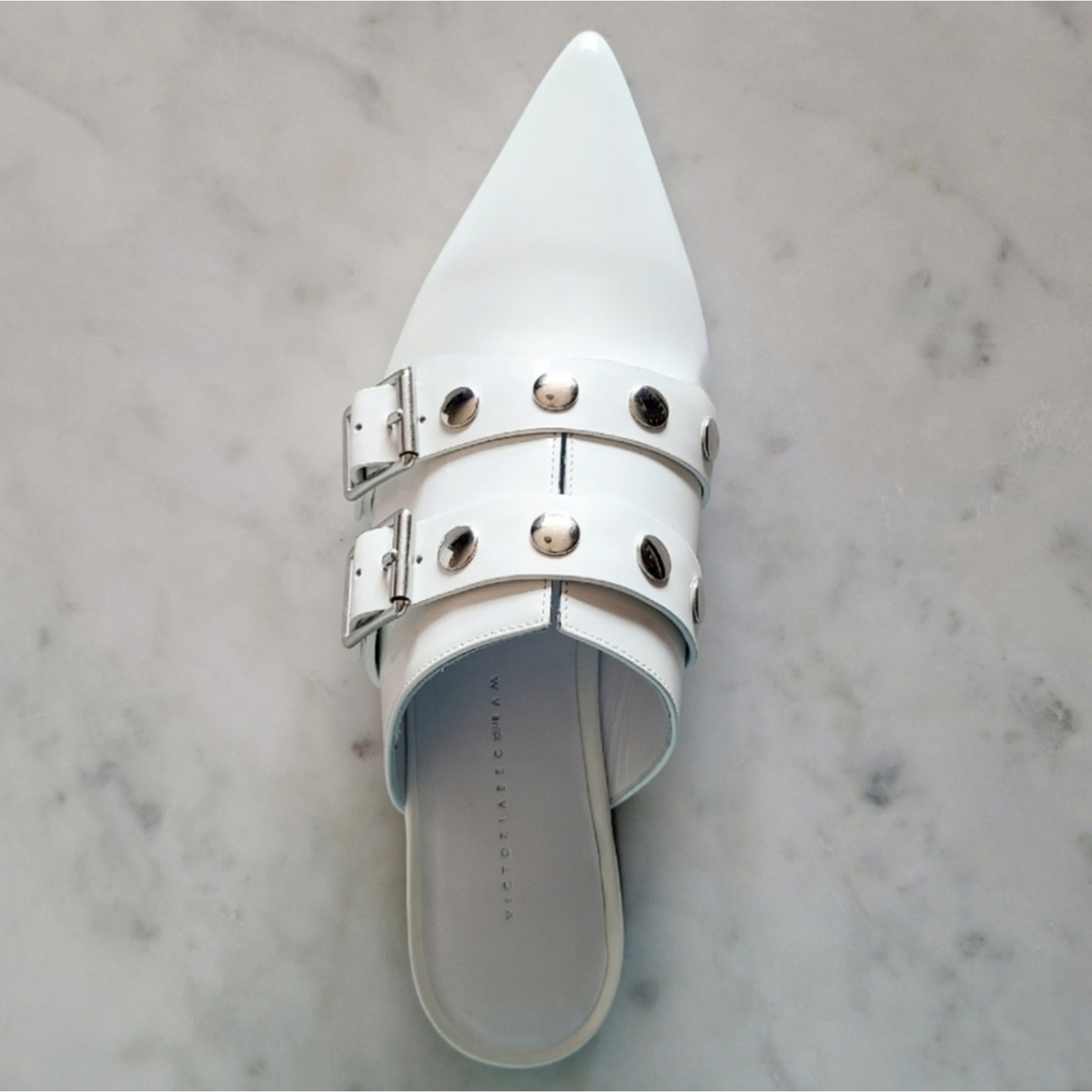 Victoria Beckham Patent Leather Studded Mules White EU 38 US 8 NIB $835