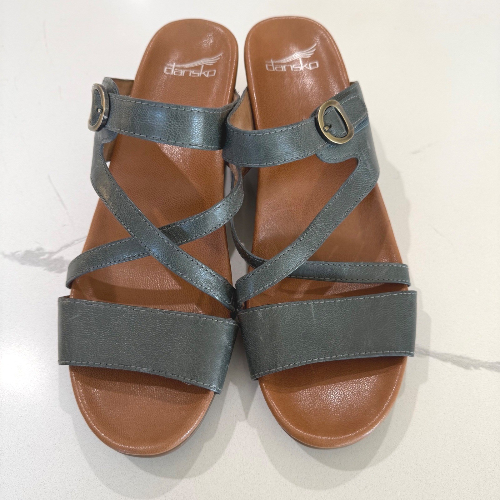 Dansko Ana Womens Gray Blue Leather Strappy Wedge Sandals Size 41 Shoes 10.5-11