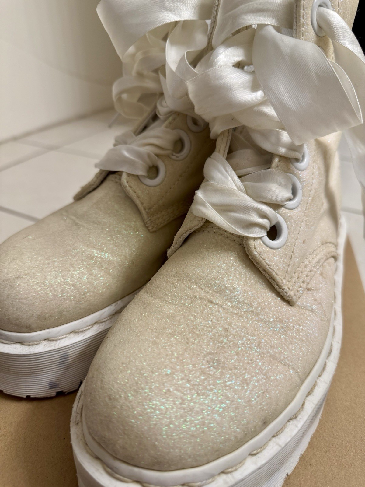 Docs Martens White Molly Glitter Platform Chunky Ribbon Lace Boots Women’s 8