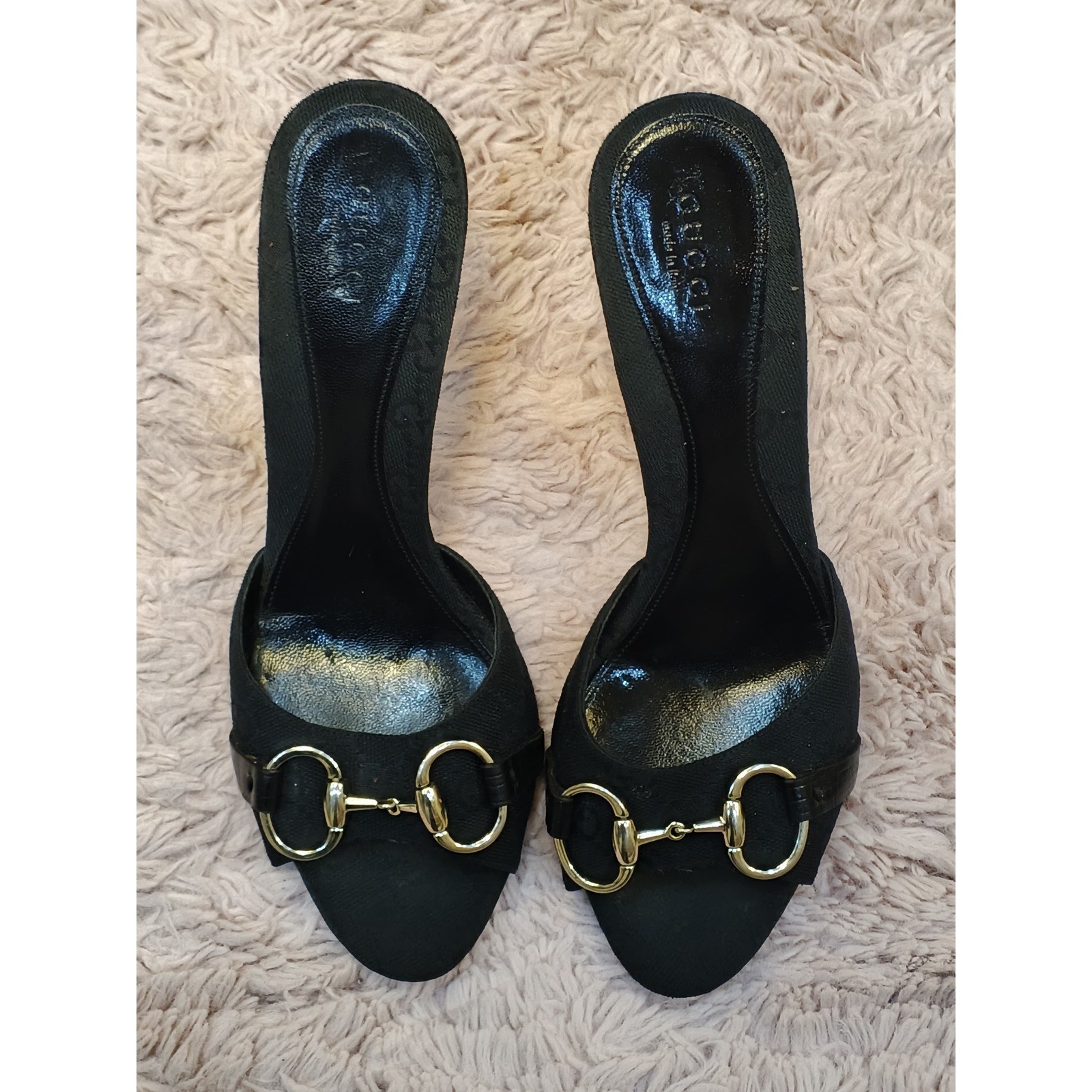 Gucci Horsebit GG Monogram Canvas Mules Black Stiletto Sandals 138703 Size 38.5