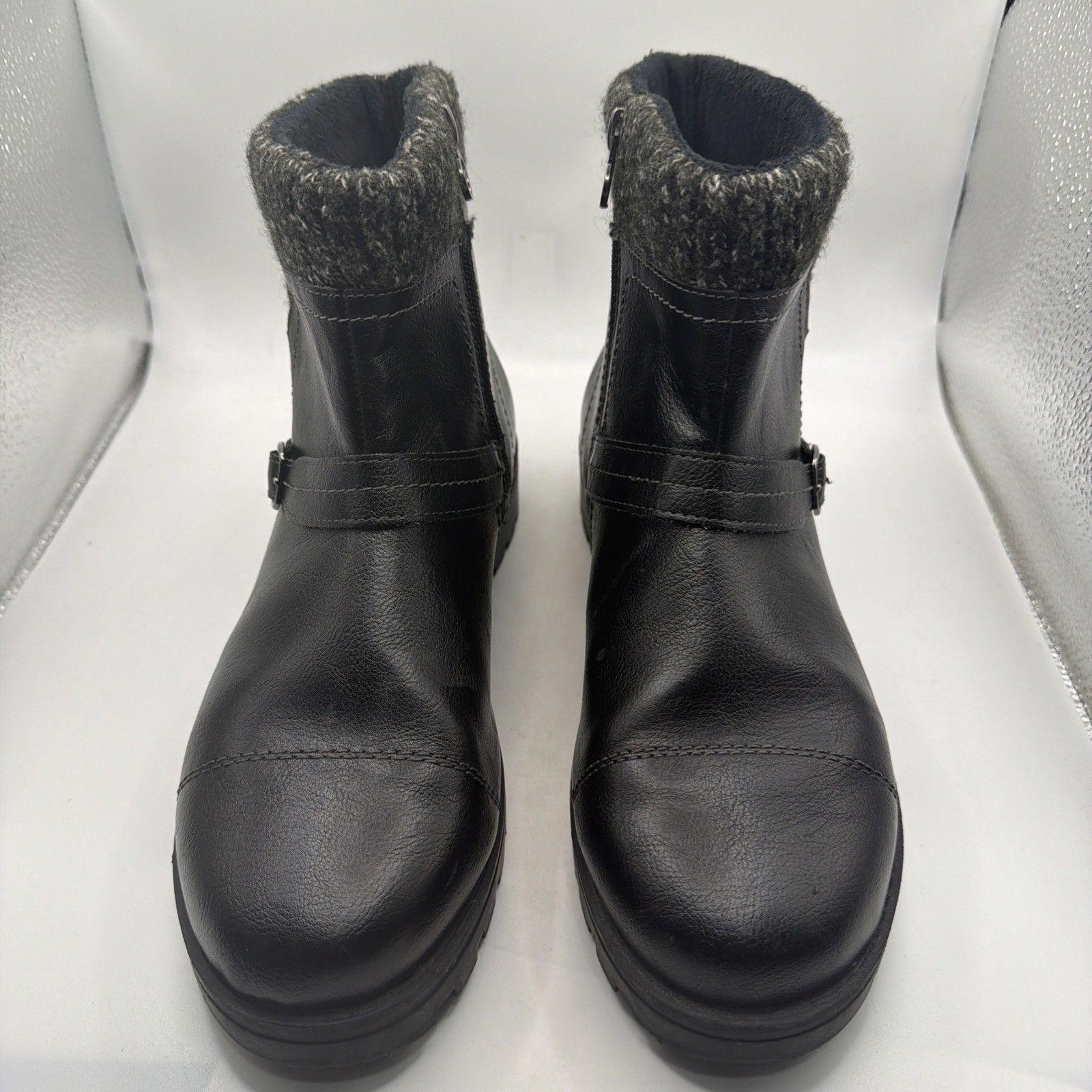 JSport Ankle Boots Womens Black Leather Round Toe Side Zip Buckle Comfort – 10
