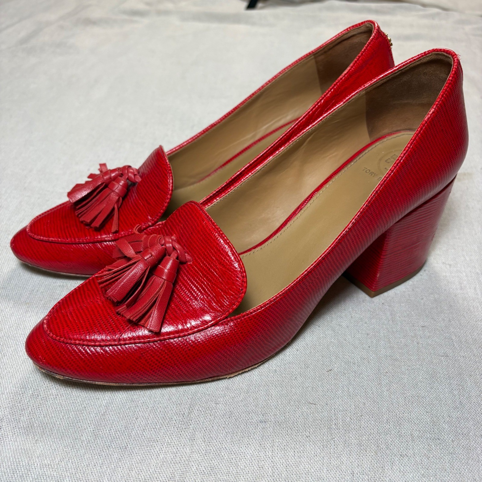 Tory Burch Red Lizard Embossed Leather Tassel Block Heel Loafer Pumps 10.5M Bold