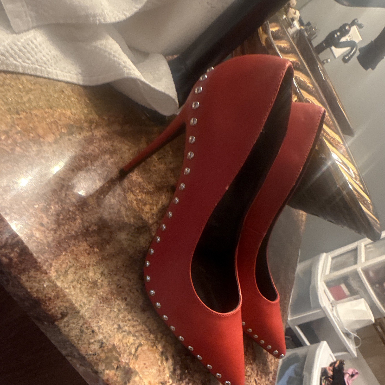 All Man Made Materials Women’s Red Studded Pointed Toe Slip On Pump Heels 10