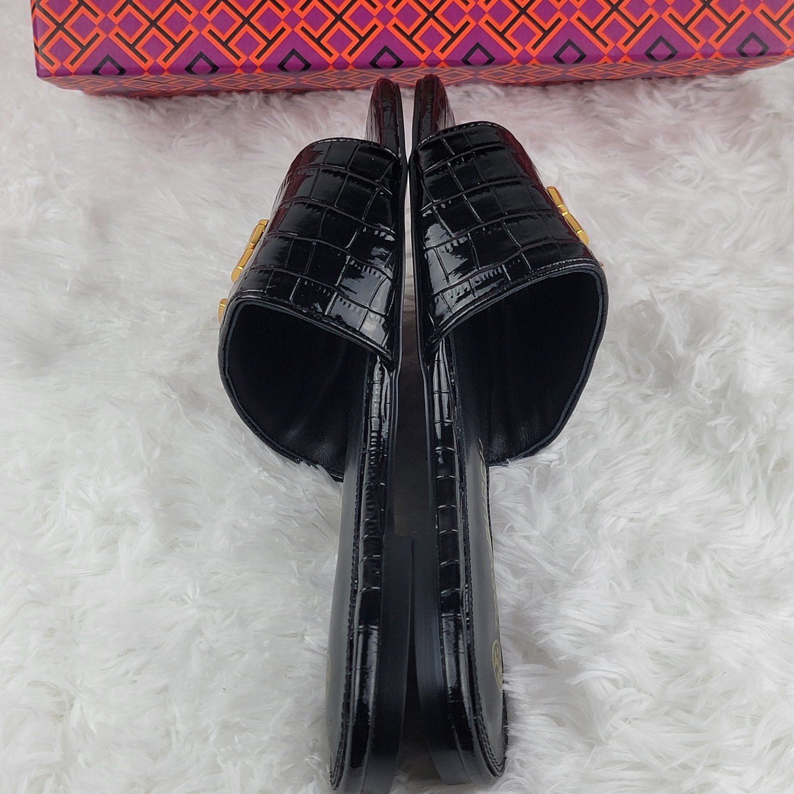 Tory Burch Eleanor Size 8 39 Sandals Black Leather Croc Gold Logo Slides New Box