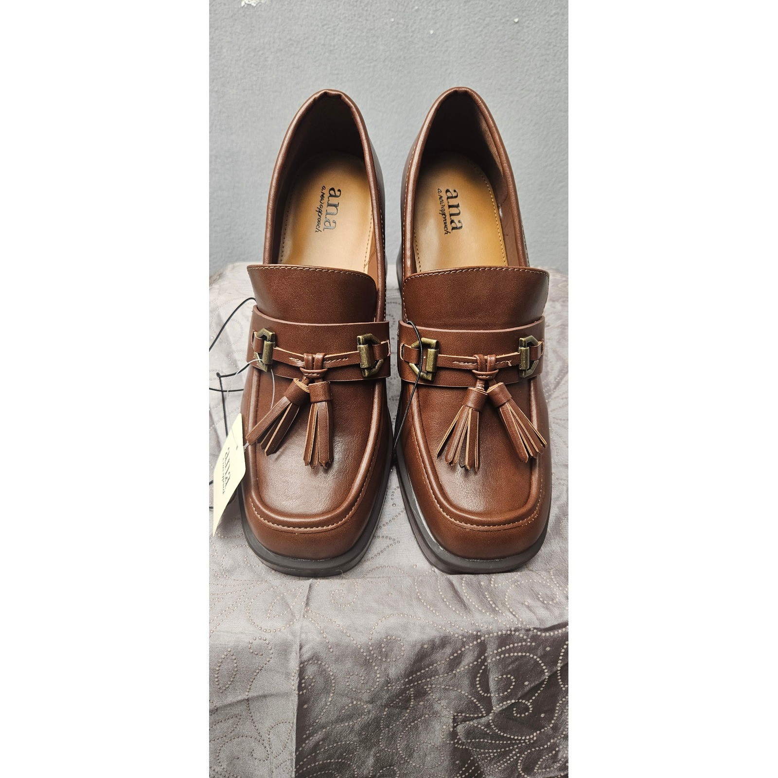 ana Hazen Dark Cognac Brown Tassel Chunky Block Heel Platform Loafers Mens 9M