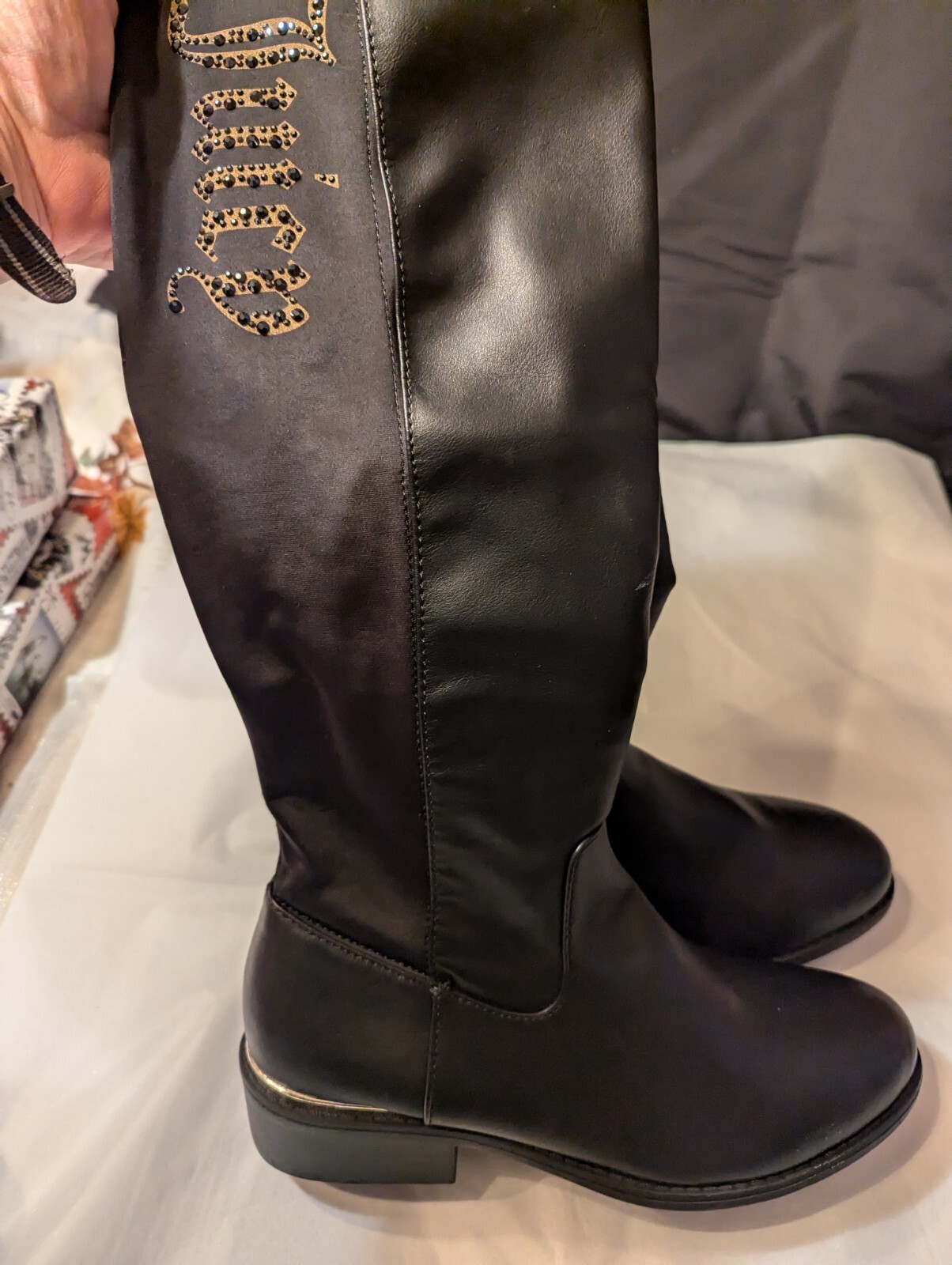 Juicy Couture Women’s 7M In Lack Posse Low Heel Stretch Beaded Logo Boots NWT