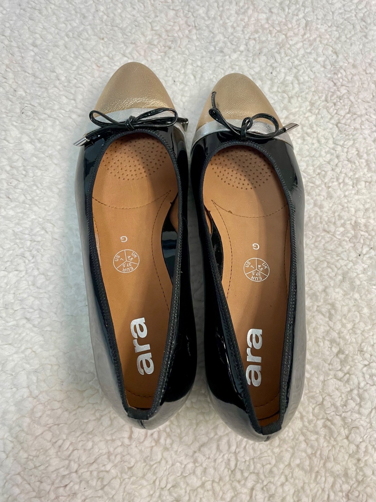 Ara Black Patent Leather Pointed Toe Flats Gold Cap Toe Women’s EU 37.5 G Wide