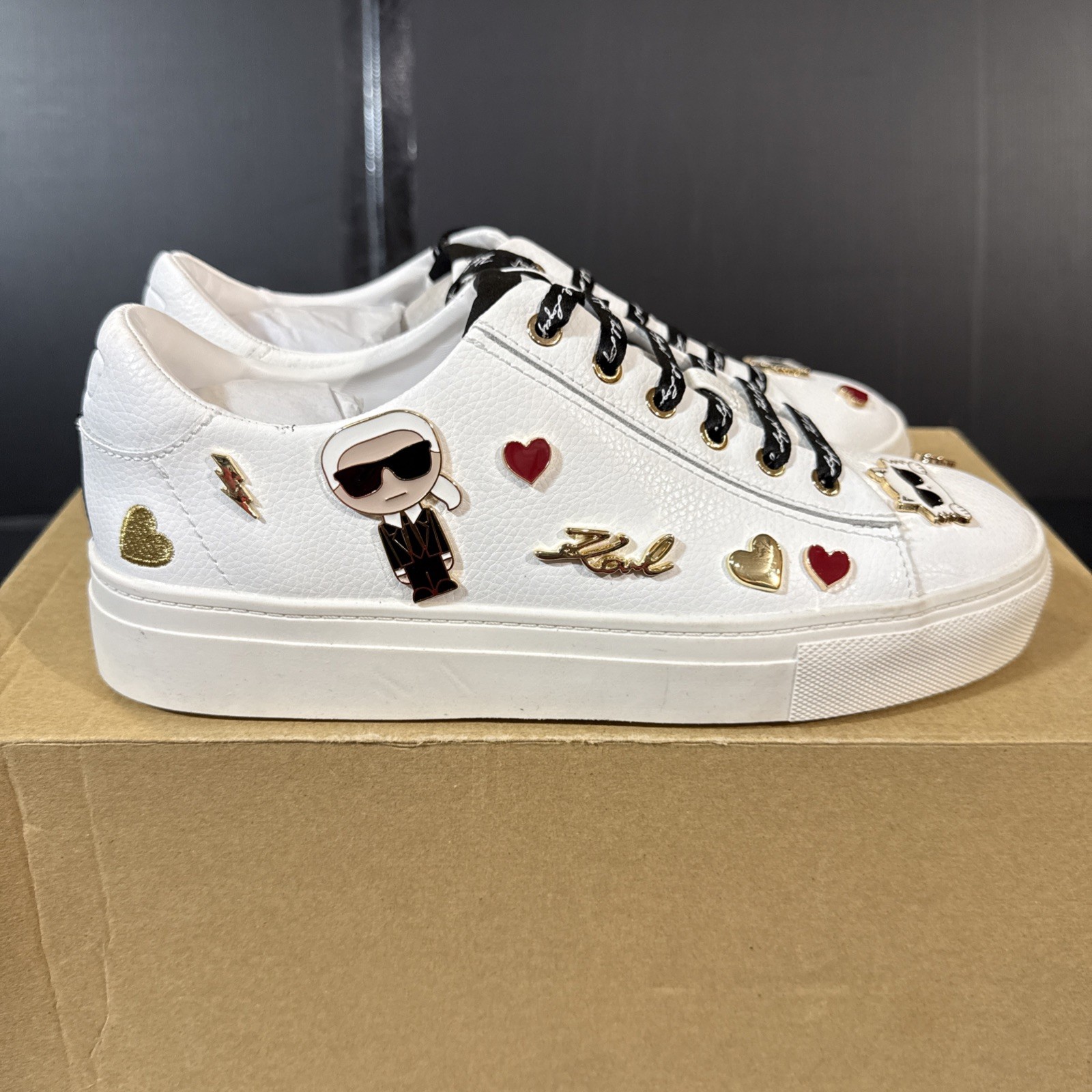 Karl Lagerfeld Paris Cate Pins Women’s 8M White Tumbled Leather Low Sneakers