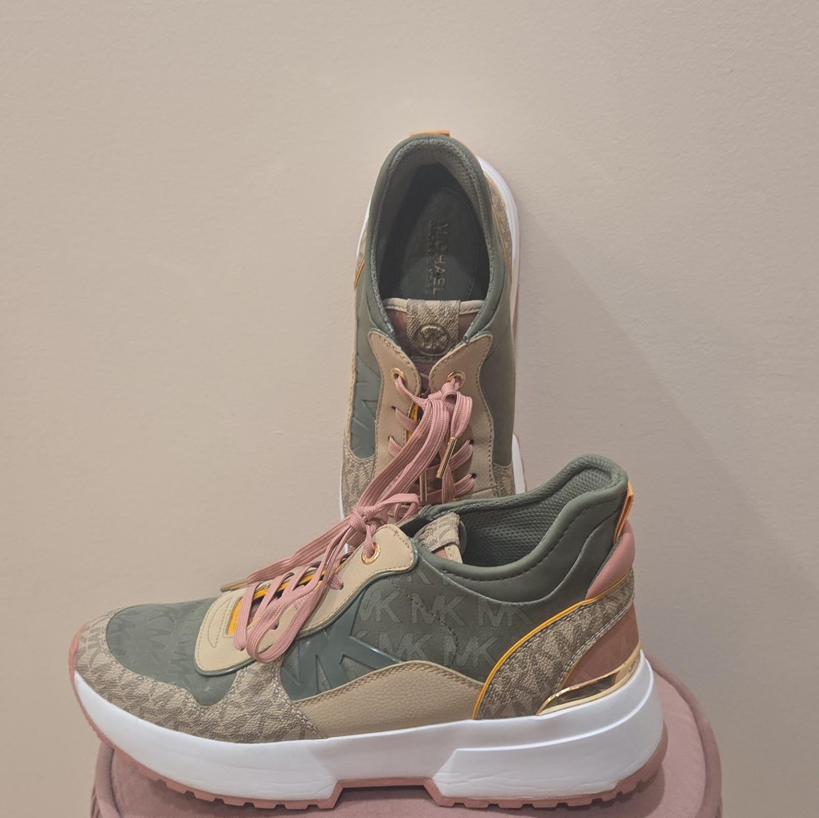Michael Kors Women’s Low Top Logo Lace-Up Athletic Sneakers Green Pink Beige