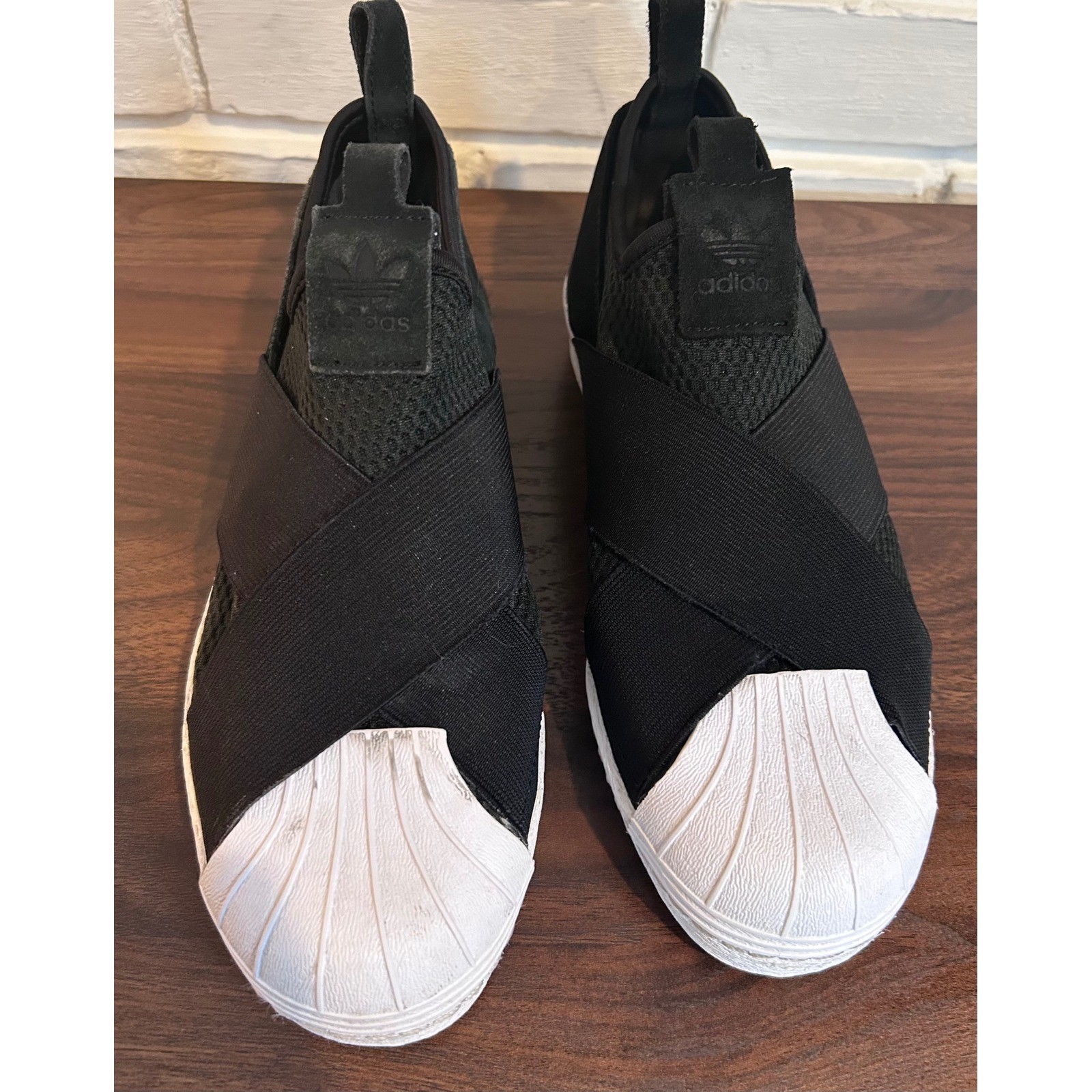 Adidas Superstar Slip On Womens 8 Black White Crisscross Strap Sneakers No Lace