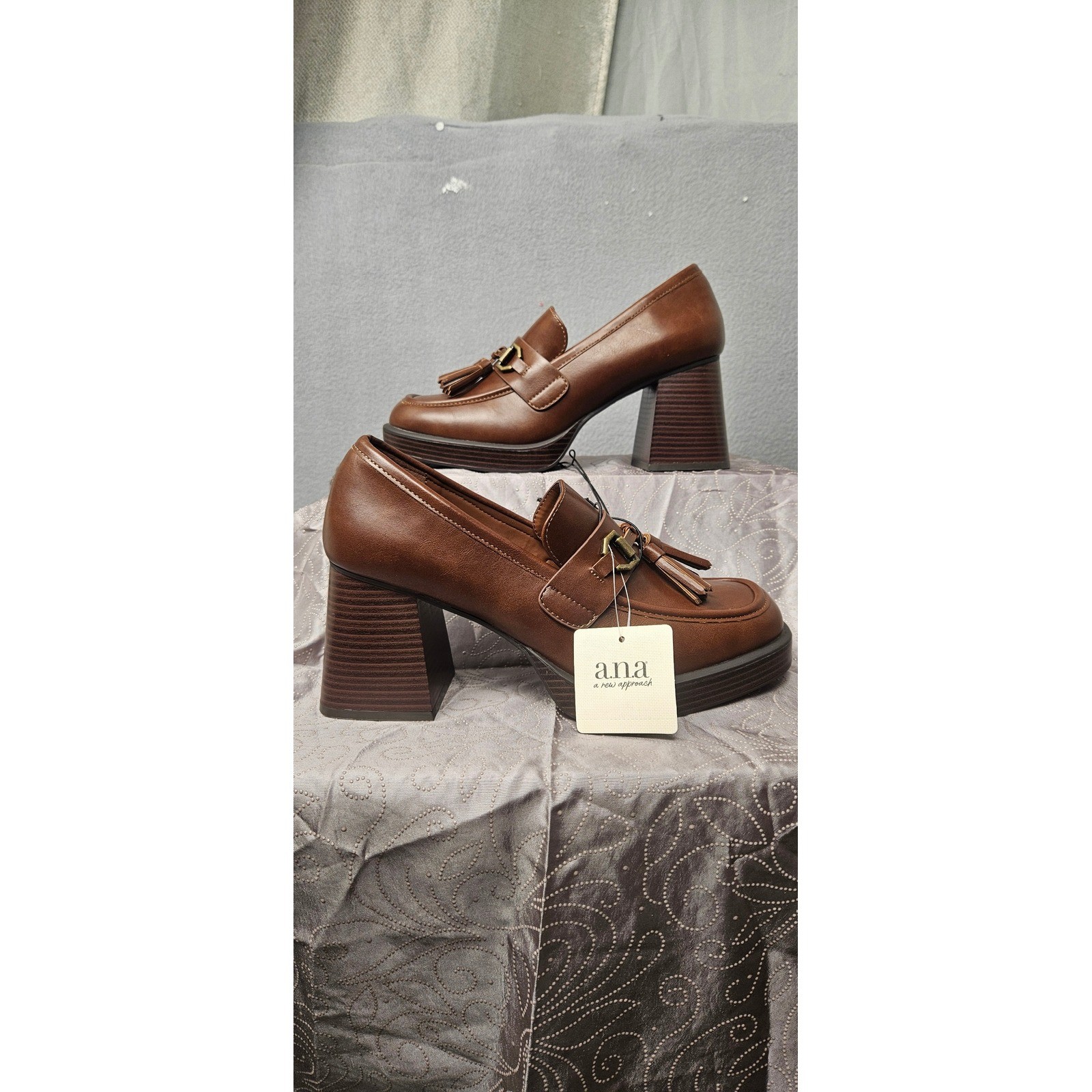 ana Hazen Dark Cognac Brown Tassel Chunky Block Heel Platform Loafers Mens 9M