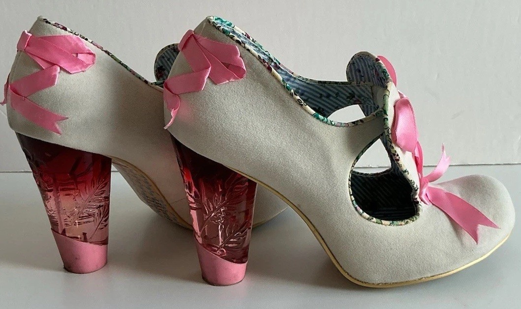 Irregular Choice Women’s Ivory Pink Faux Suede Bow Slip On Pump Heels 8 B