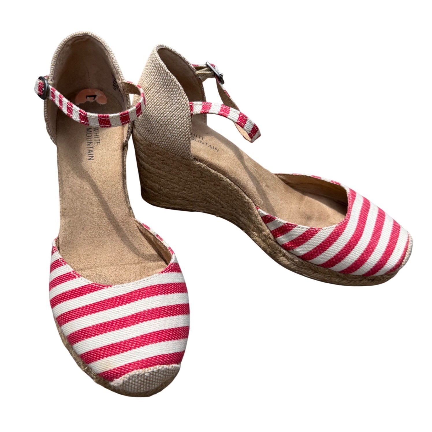 White Mountain Red White Striped Espadrille Wedge Sandals Ankle Strap Womens 7