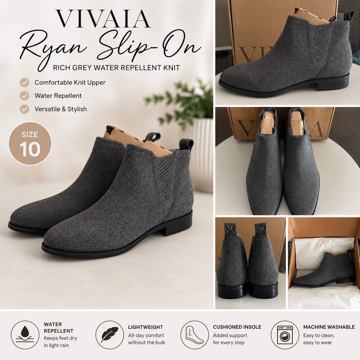 VIVAIA Ryan Slip-On Gray Knit Ankle Bootie Water-Resistant Cushioned US 10