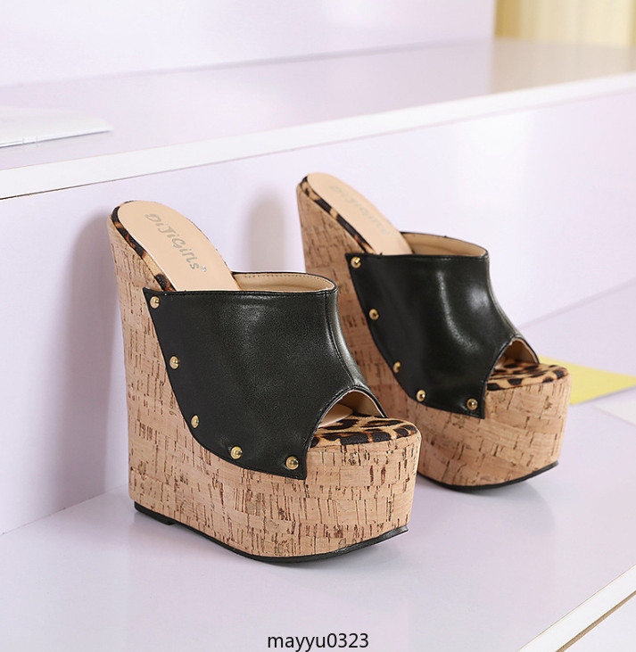 Women’s Peep Toe Rivet Wedge High Heel Platform Slip On Sandals Studded Shoes