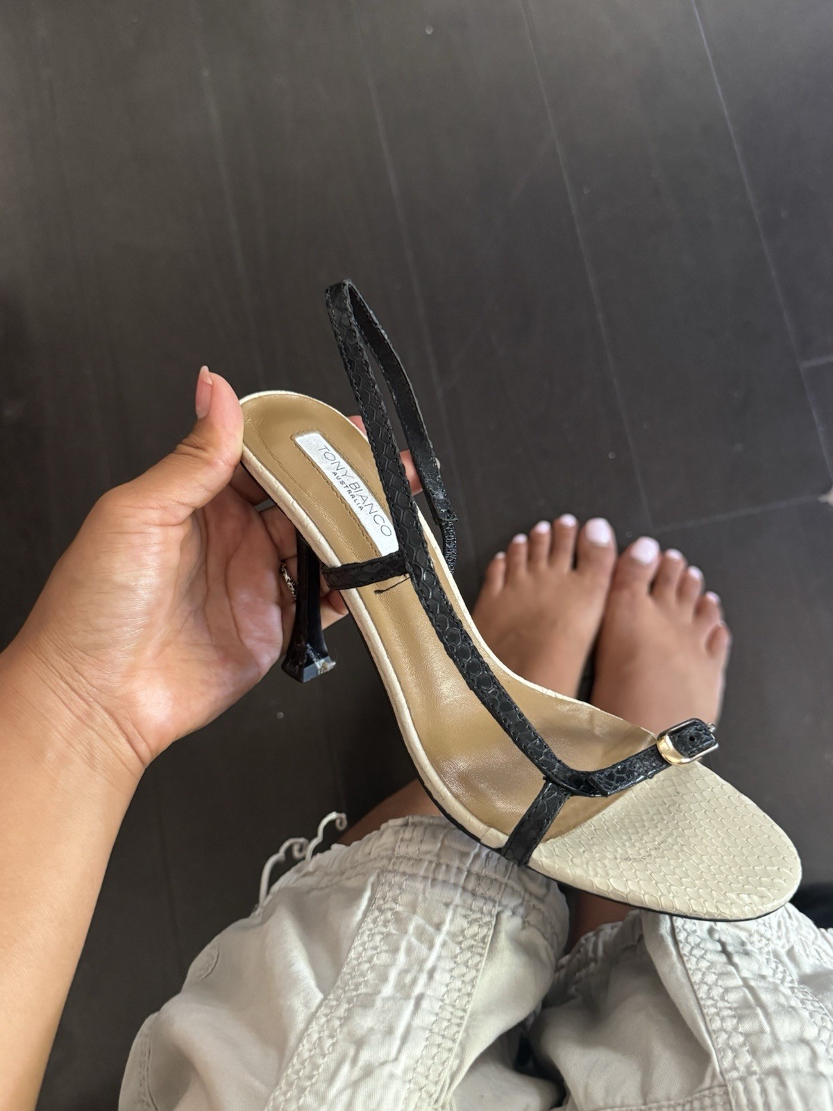Tony Bianco Women’s Black/Beige Animal Print Strappy Slingback Buckle Heels