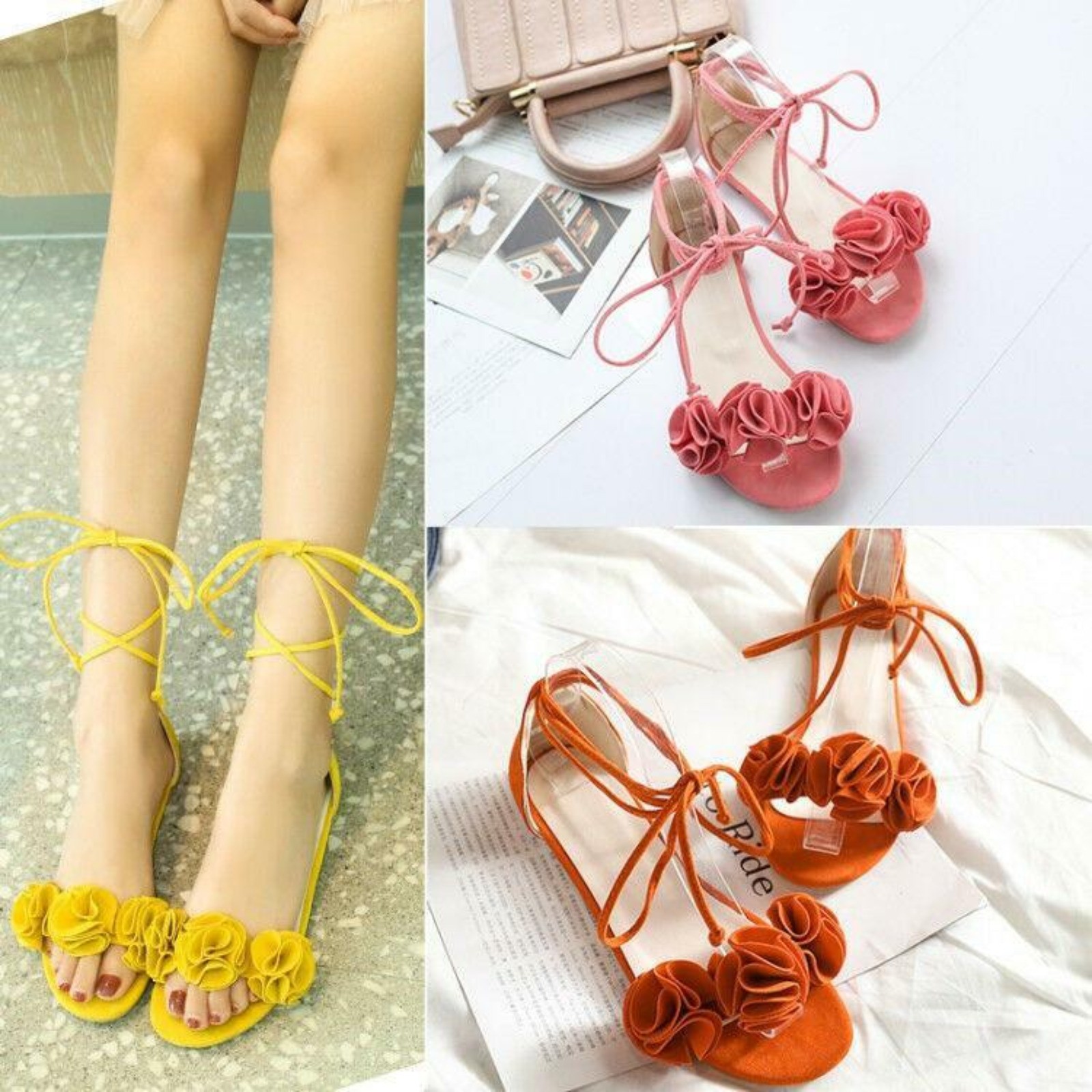 Women‘s Bohemia Flower Strappy Lace Up Sandals Flat Casual Shoes Plus Size