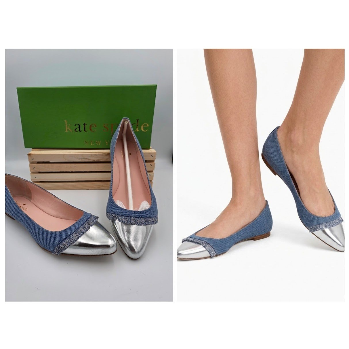Kate Spade Nelly Flats Womens 8.5M Light Blue Silver Denim Fringed Boho Chic