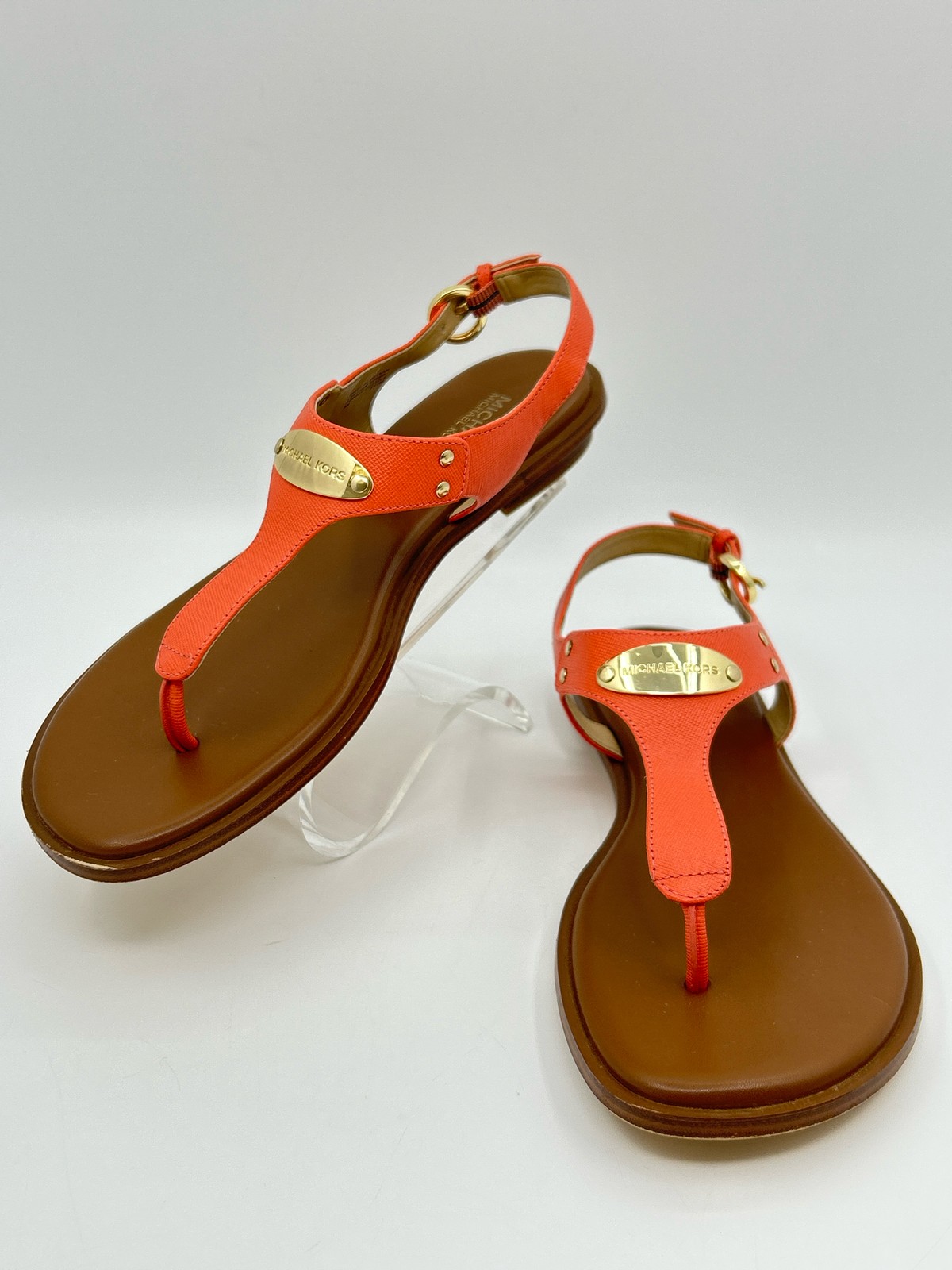 Michael Michael Kors MK Plate Thong Size 8M Leather Coral & Brown Women Sandal