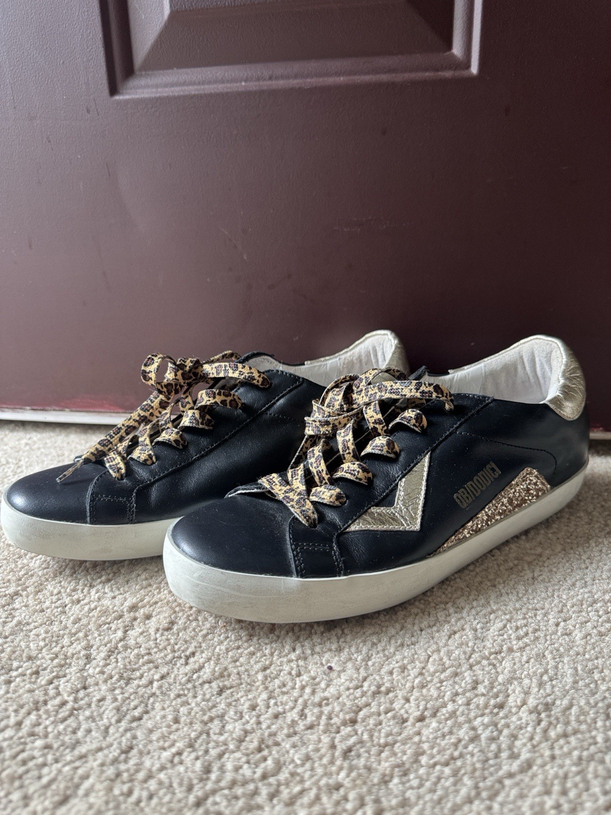 Quattrobarraadodici QB12 Black Low Top Sneaker Gold Animal Print Lace-Up