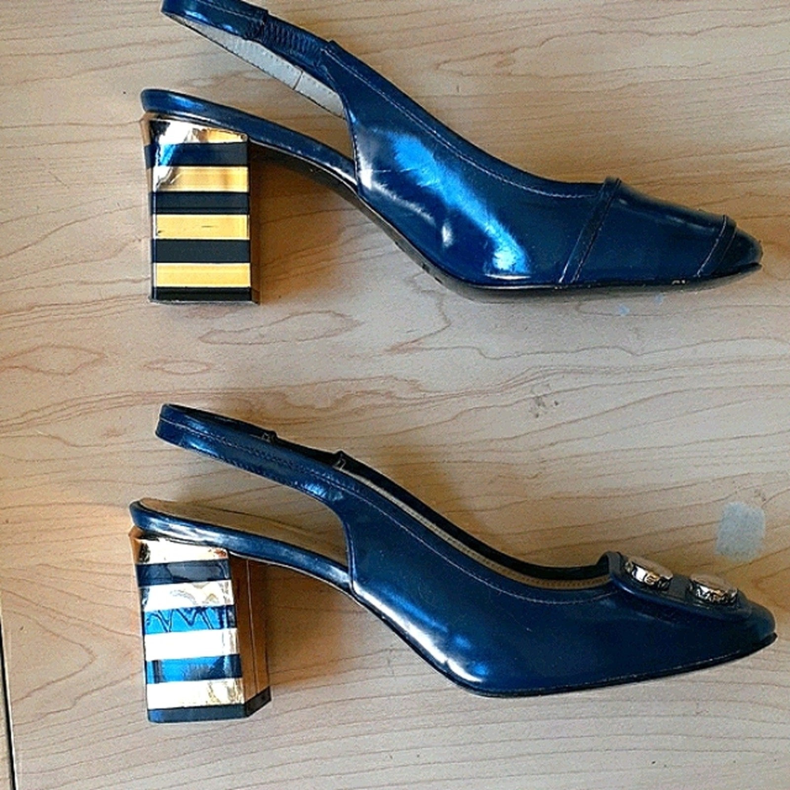 Marc by Marc Jacobs Sliingbacks Blue Gold Striped Heels 35.5 Art Deco City Chic