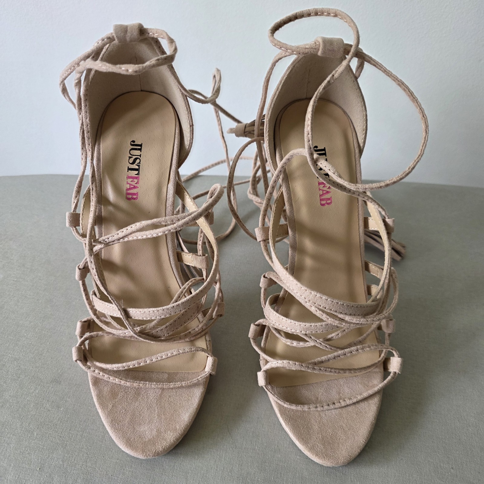 JustFab Blush Strappy Sandals Lace-Up Tassel Stiletto Heels Nude US 6 EU 36.5