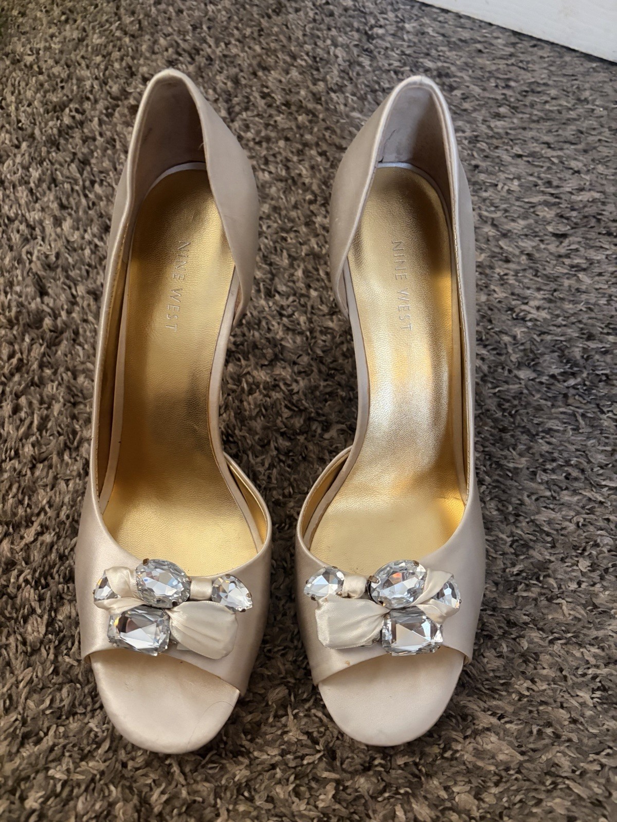 Nine West Women’s Beige Silk Peep Toe Stiletto Pumps Slip-On Rhinestone Bow
