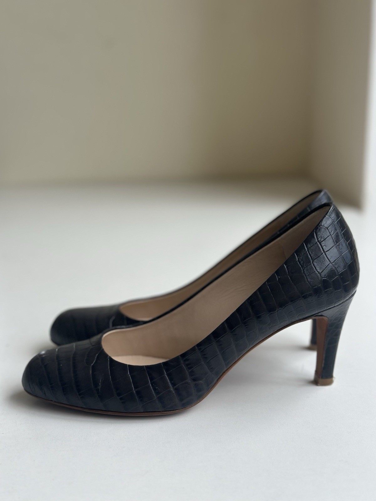 Navyboot Italian Navy Blue Crocodile Leather Pumps, Size 36 EU (6 US / 3.5 UK)