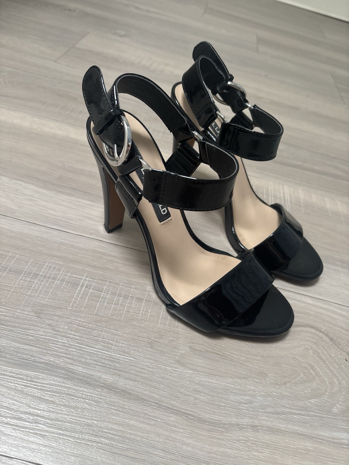 Karl Lagerfeld Paris Women’s Black Patent Strappy Ankle Strap Stiletto 7