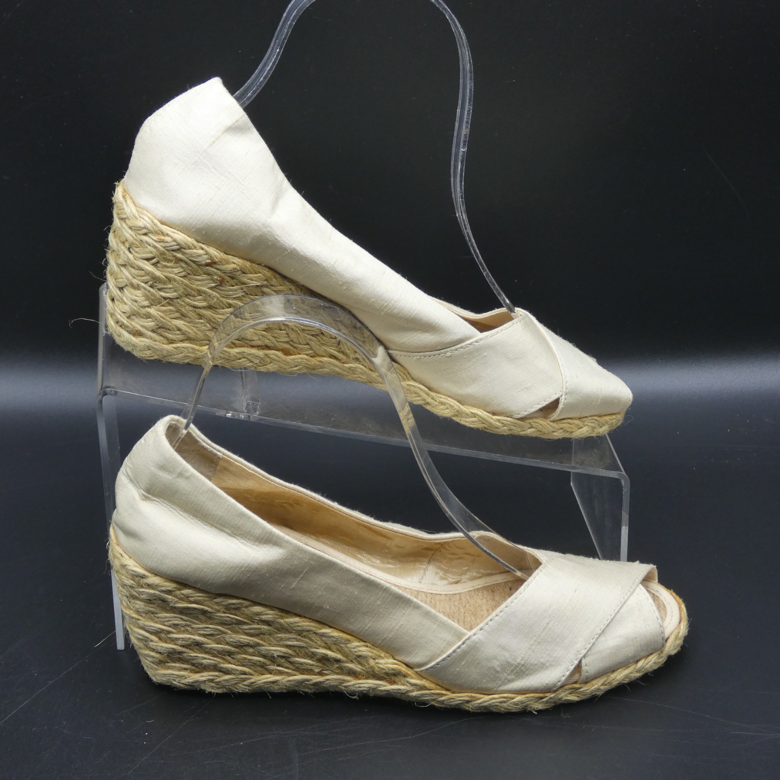 Lauren Ralph Lauren Cecilia Tan Beige Shantung Peep Toe Espadrille Wedge Size 7