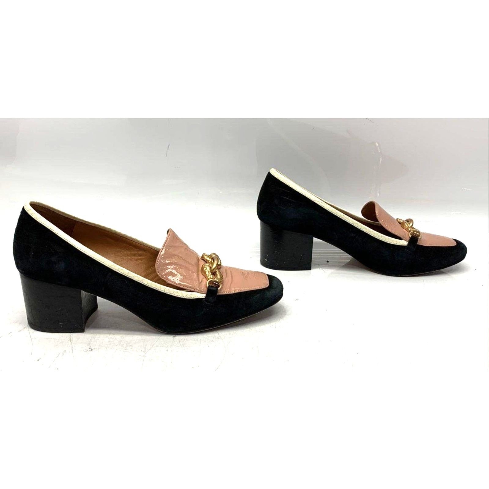 Tory Burch Jessa Loafer Pumps Suede Patent Leather Gold Chain Pink Black 10M