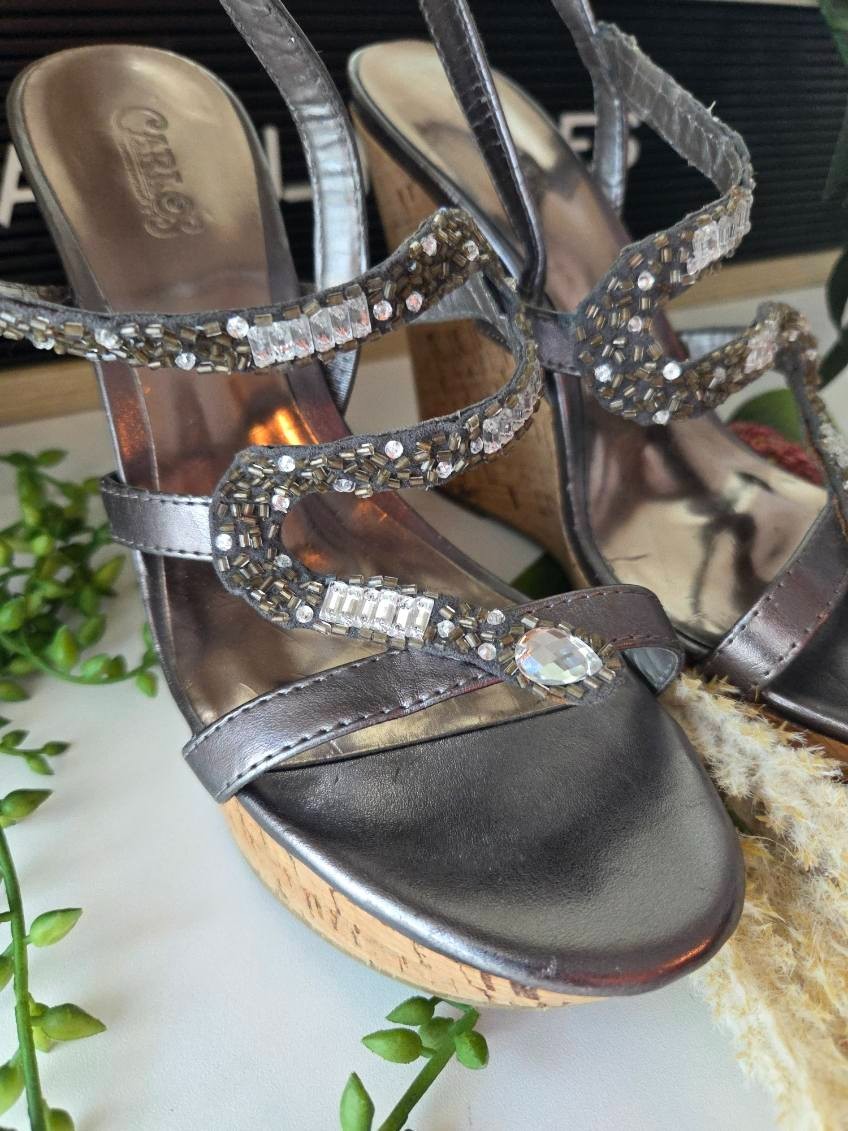 CARLOS by Carlos Santana I The Olympia Wedge Silver Rhinestone Sandals sz 8