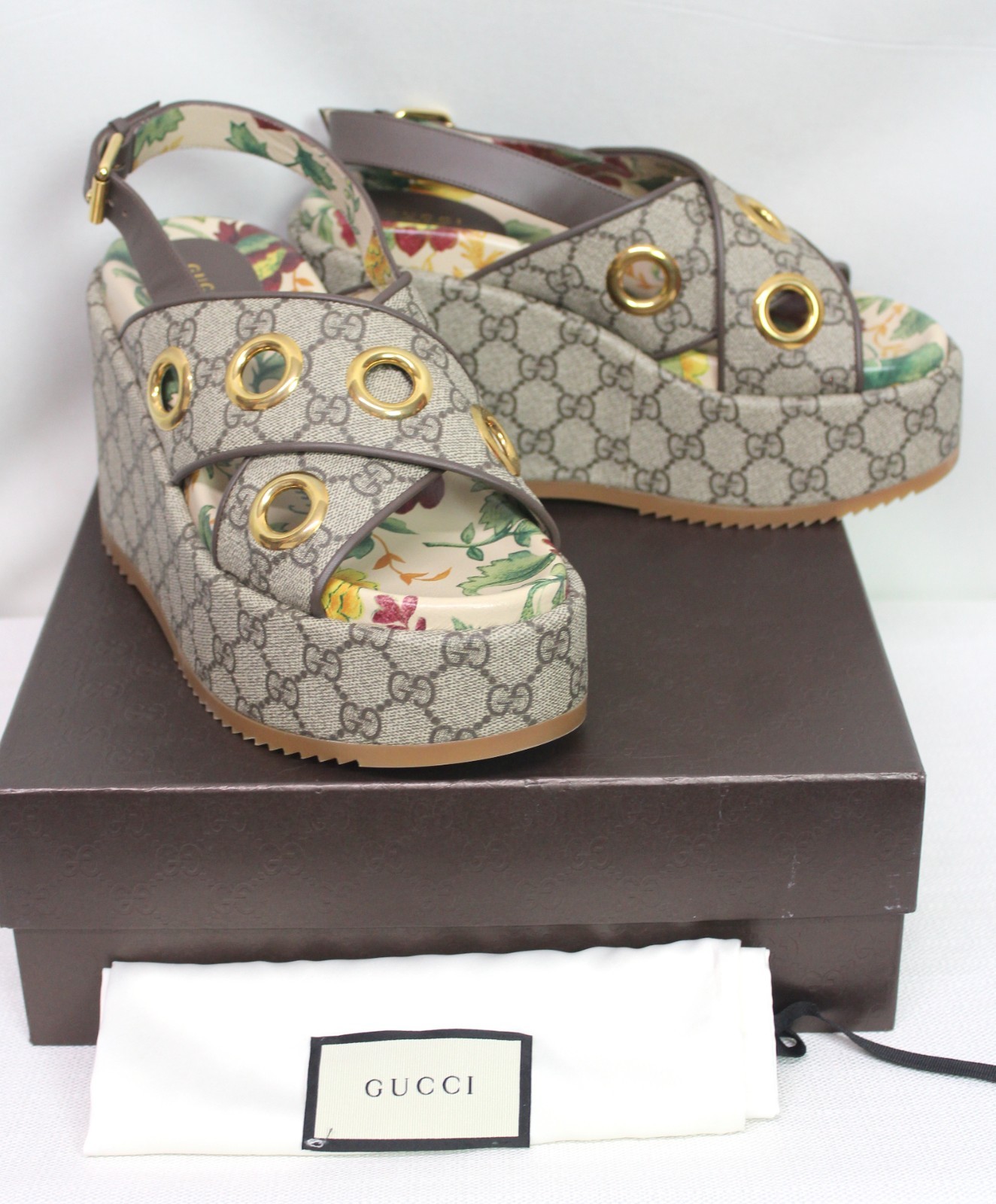 GUCCI Angelina GG Logo Eyelet Platform Wedge Sandal Size 39.5 US 9.5
