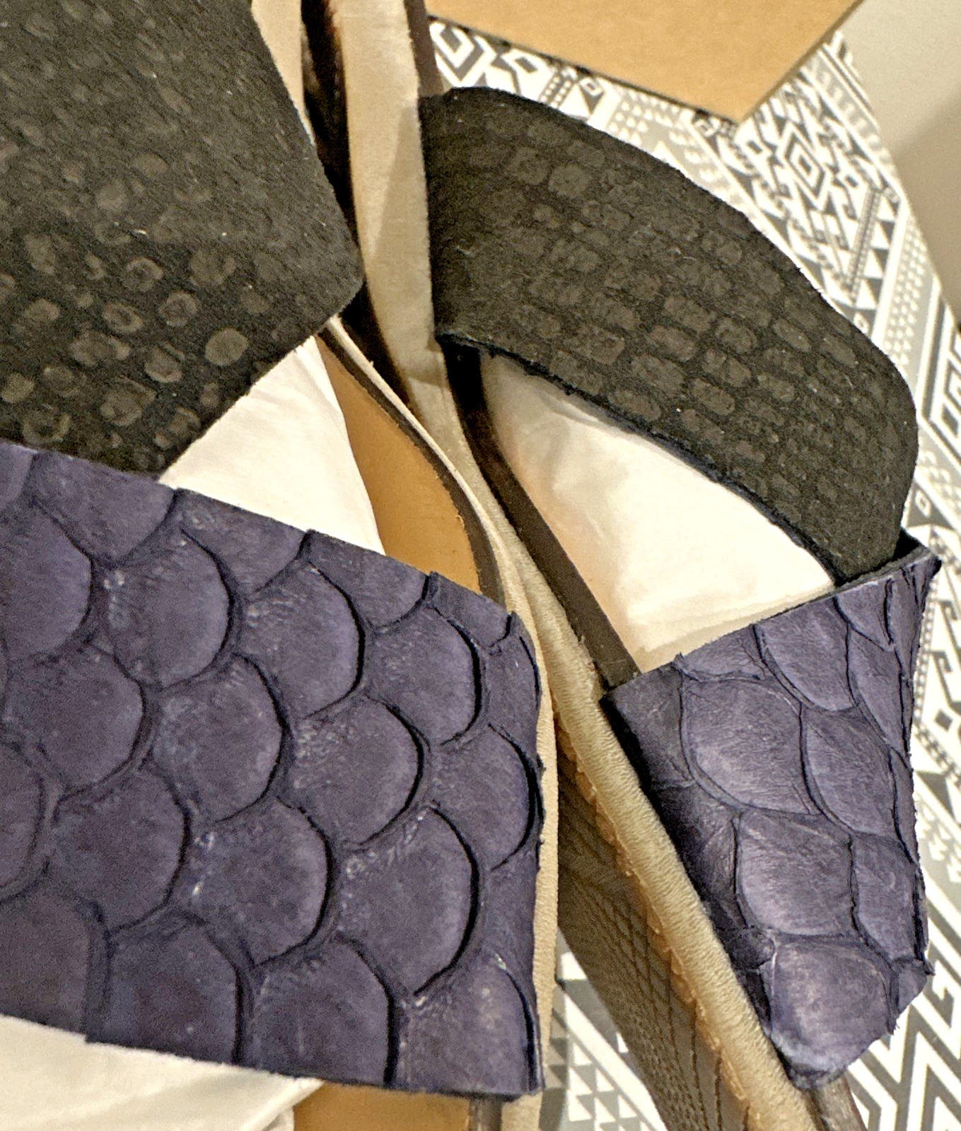 ALL BLACK Women Size 38 Two Tone Fishskin Leather Slide Sandals Navy/Black LUX