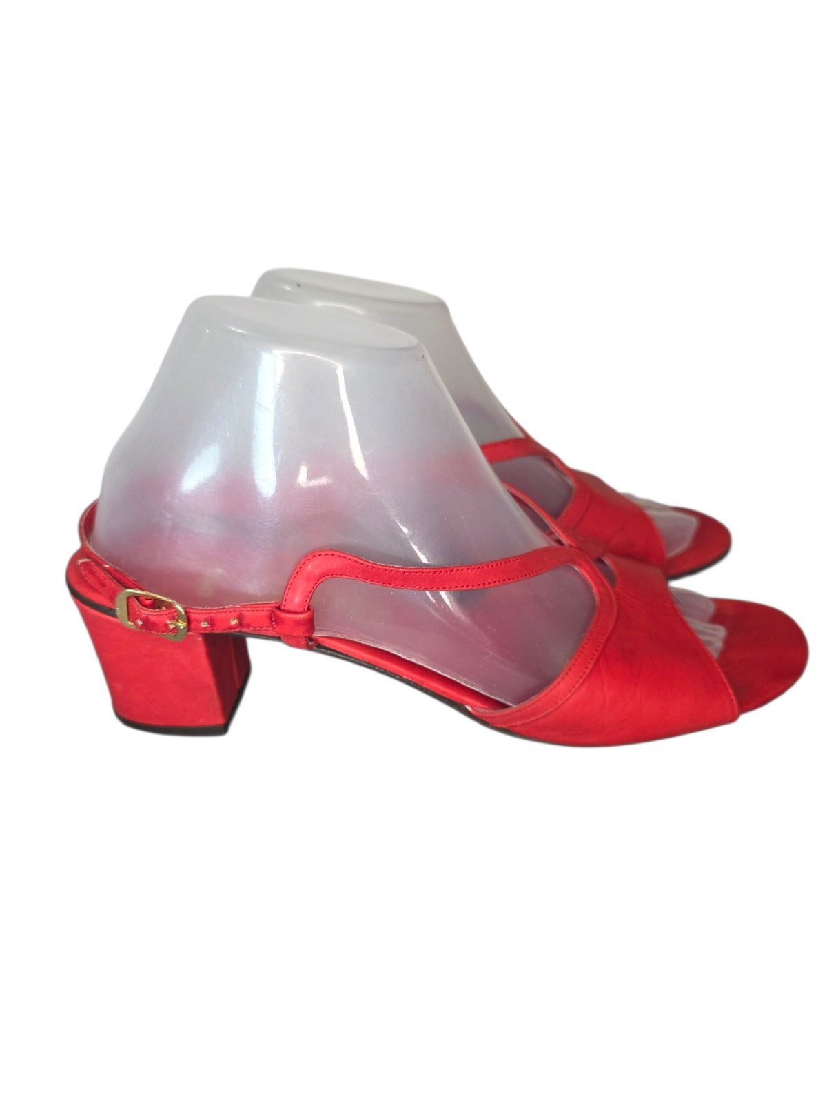 Red Italian Leather Sandals Womens 10N Ankle Strap Block Heel Vintage