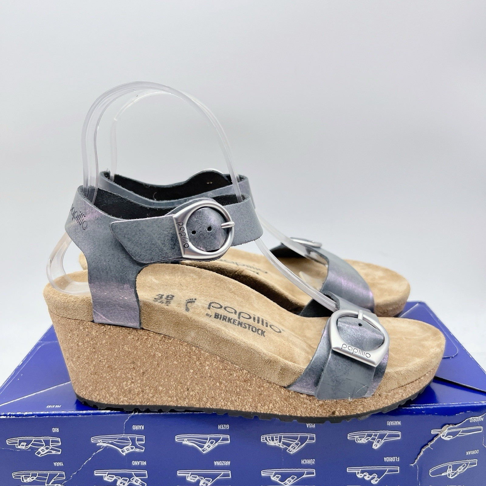 Birkenstock Papillio Soley Ring Buckle Sandal Metallic Black Wedge EU 38