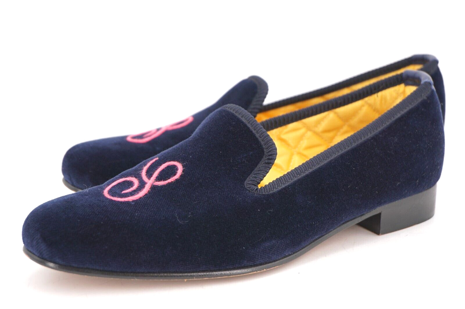 WORN 1x | $550 CROCKETT & JONES WOMENS STREET SLIPPER «S» MONOGRAM NAVY VELVET