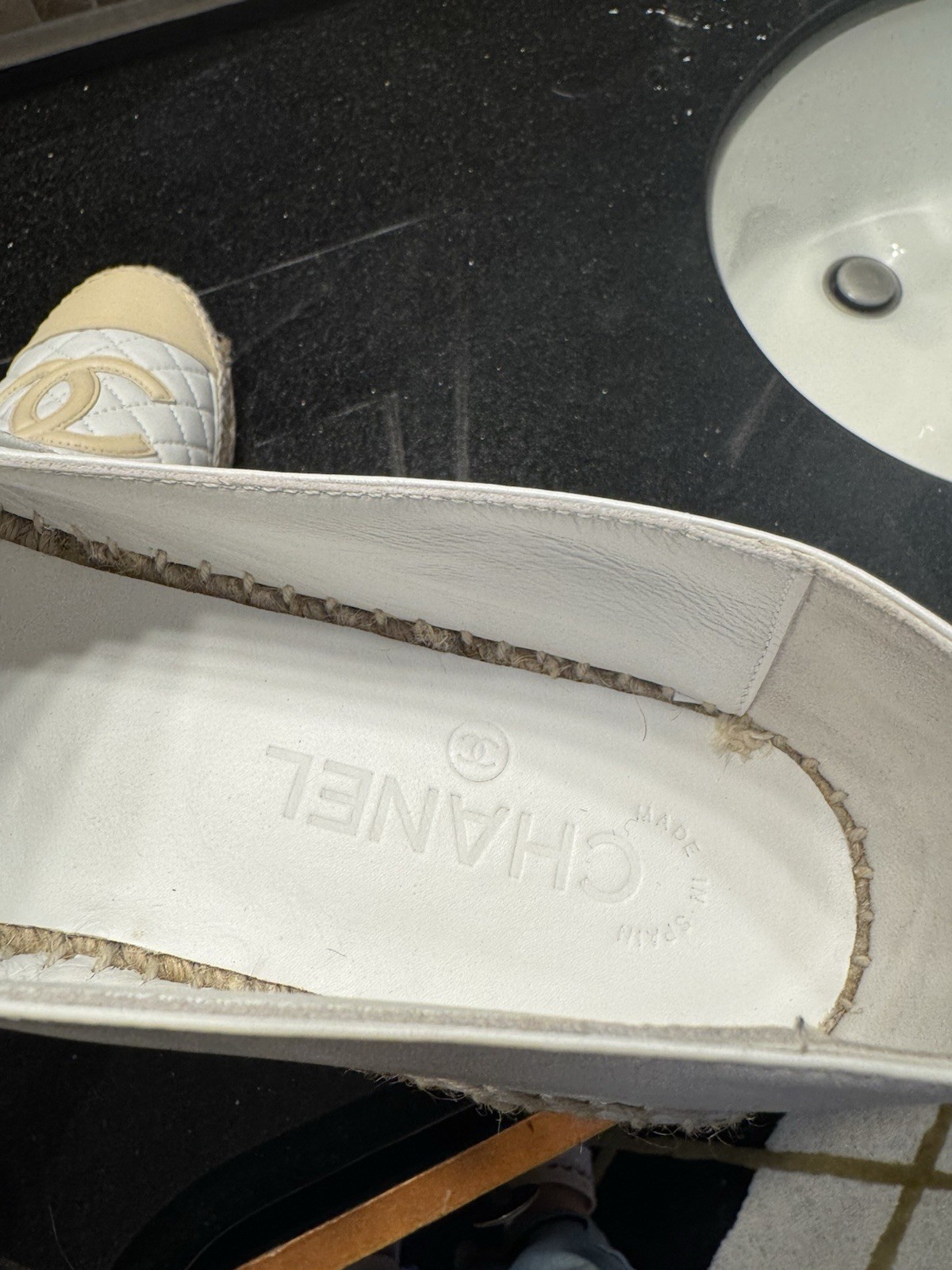 CHANEL Quilted CC Logo Slip-On Espadrille Flats White/Beige US 10 Std