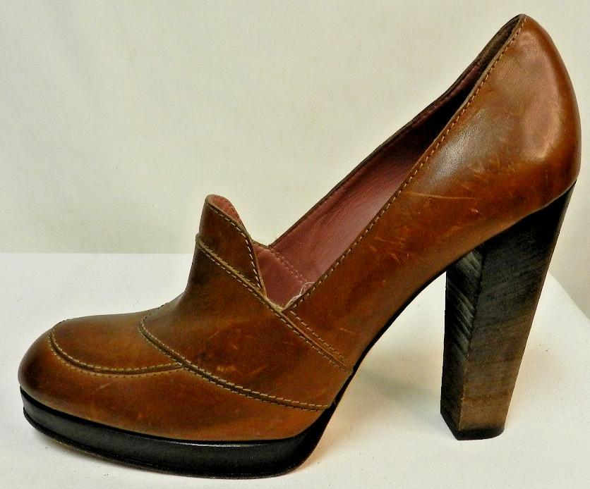 Derek Lam Leather loafer platform heels pumps brown Italy Size Sz 39 US 8